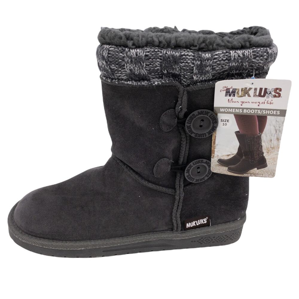 MUK LUKS Charcoal Gray Maxine Knit Button Accent Booties 10 Women's